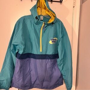 Dutch Bros Packable Retro Teal Blue Hooded Windbreaker, unisex large- 1/2 Zip